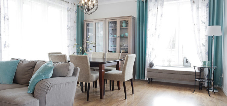 Gray and beige living and dining room with turquoise accents, Ikea furniture