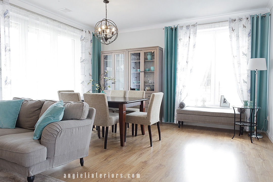 Gray and beige living and dining room with turquoise accents, Ikea furniture