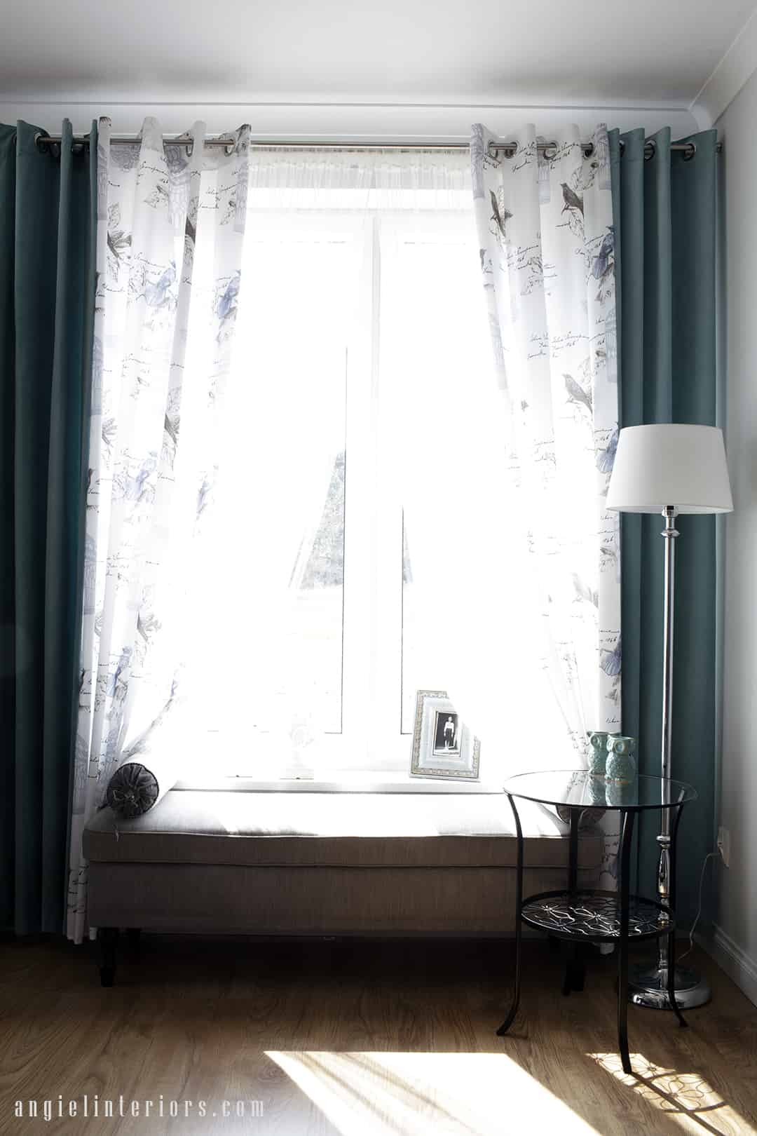 ikea stocksund bench at window with turquoise curtains