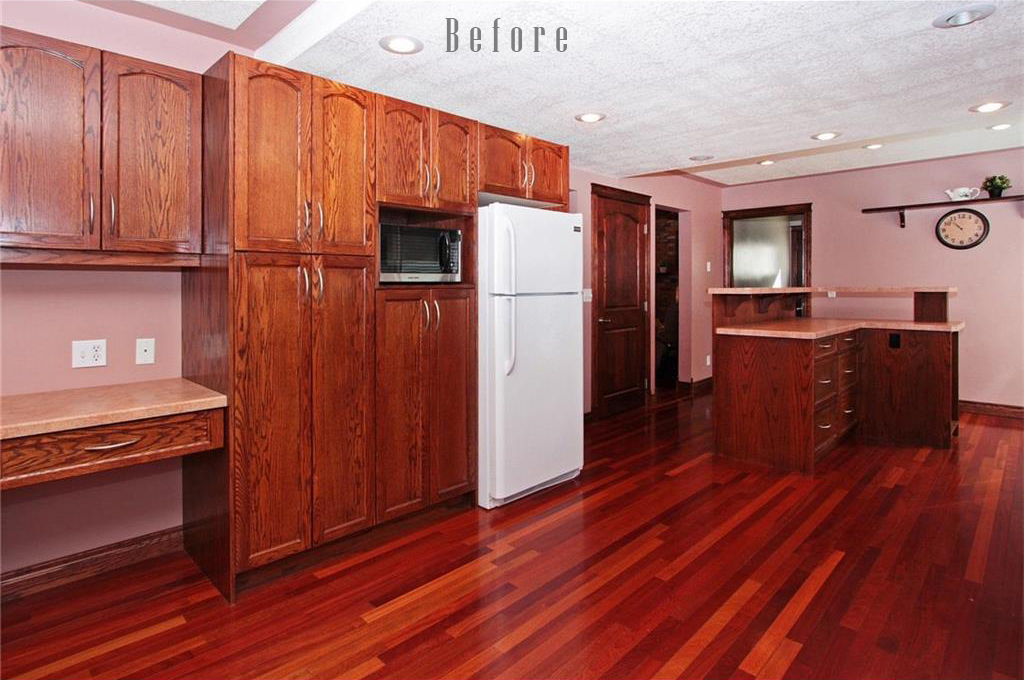 Dark kitchen cabinetry with Brazilian cherry flooring