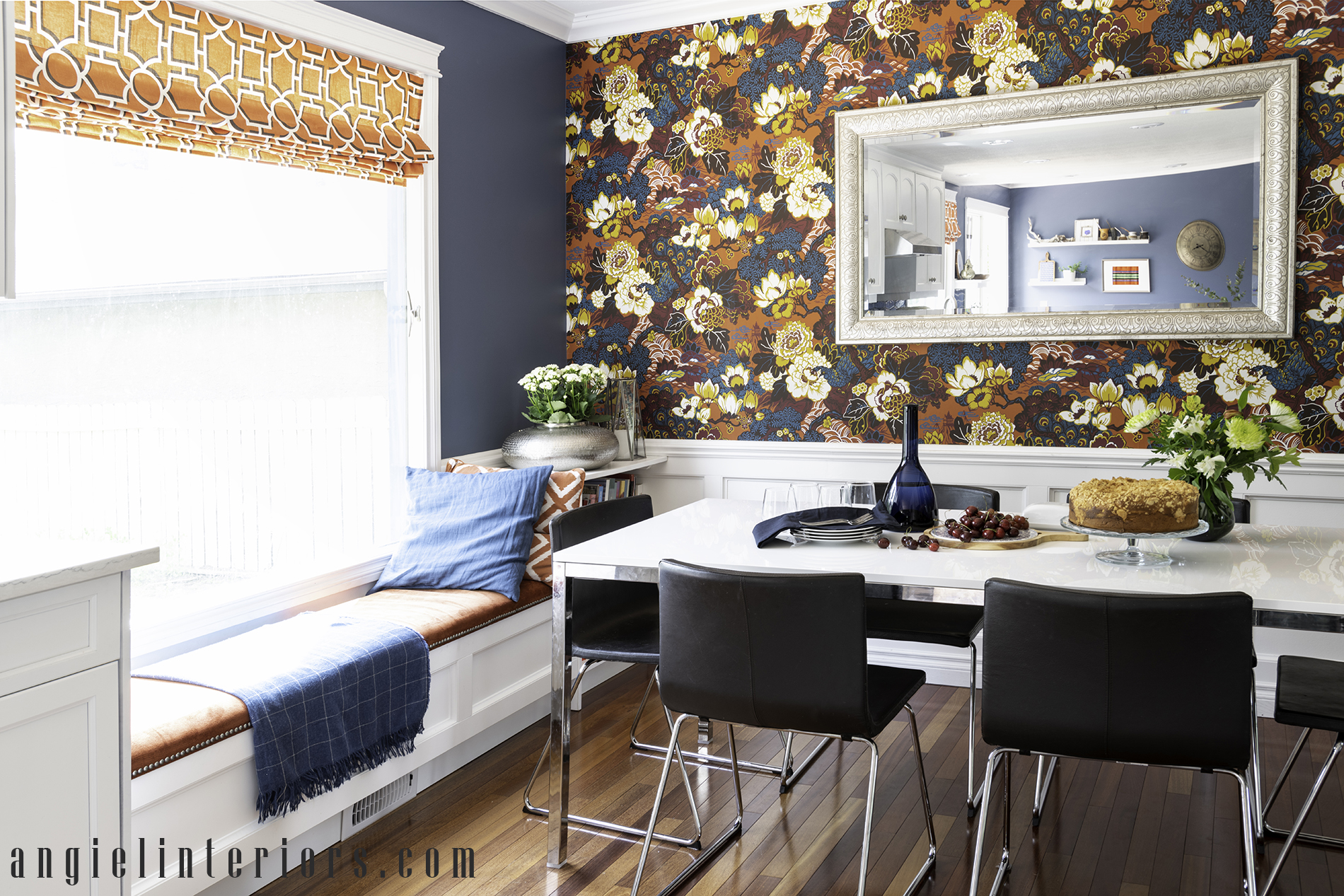 Custom window bench banquette in dining room 