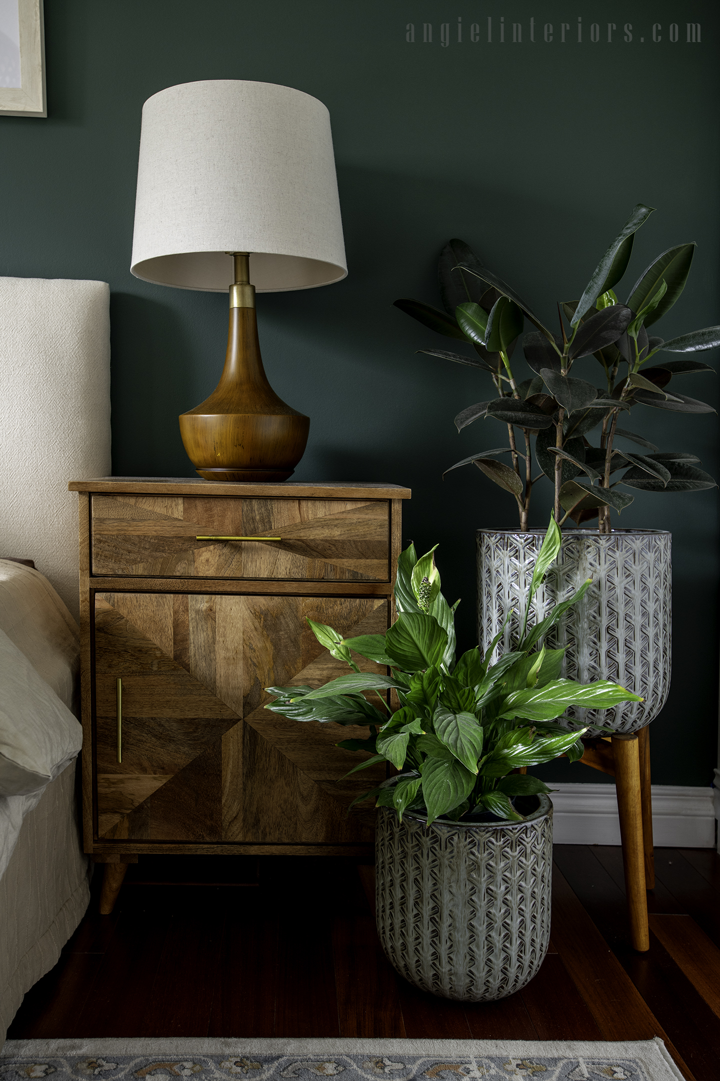 exotic wood nightstand with wooden table lamp and plants