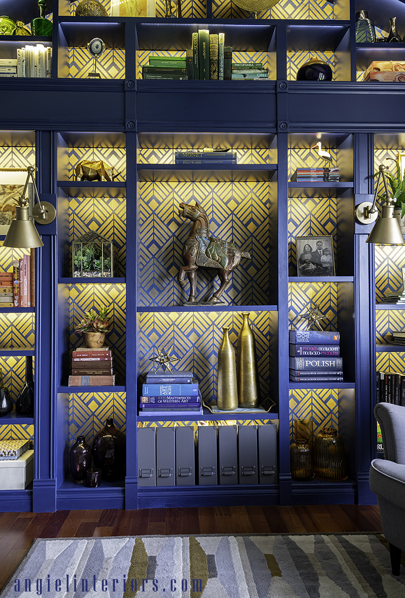 DIY built in library bookcase in blue with golden art Deco stencil and LED lights